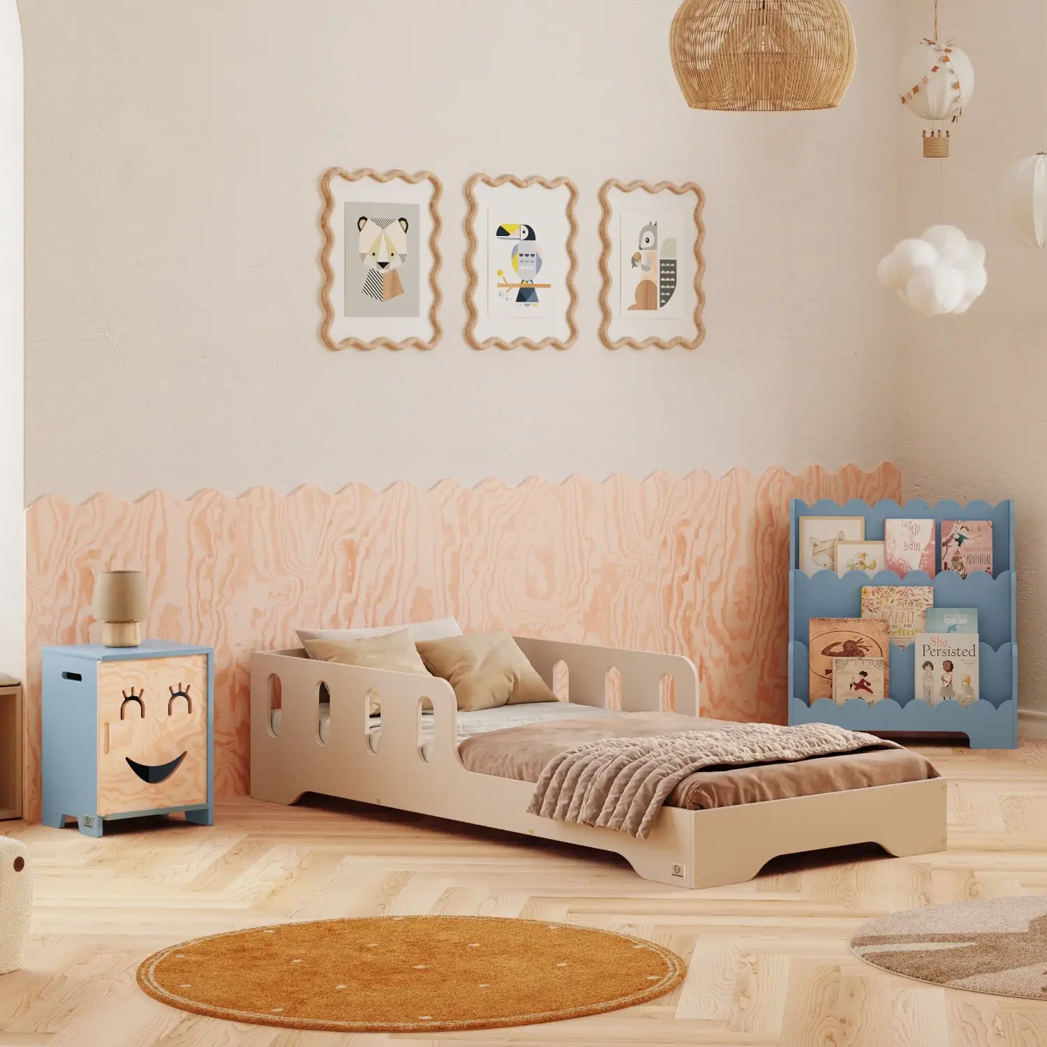 Łóżko pojedyncze dla dzieci z barierką i stelażem TILA 6 Montessori Drewniane